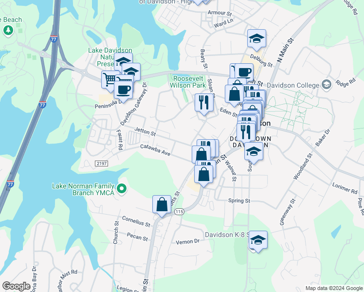 map of restaurants, bars, coffee shops, grocery stores, and more near 245 Jetton Street in Davidson