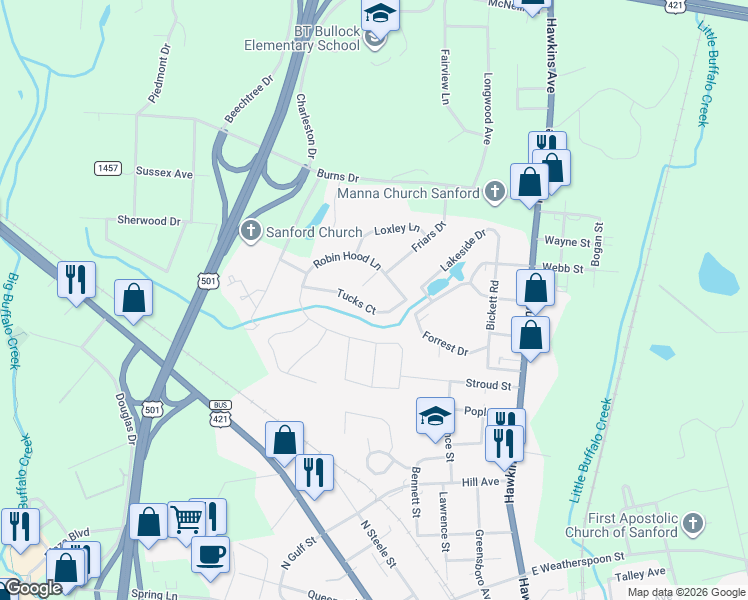 map of restaurants, bars, coffee shops, grocery stores, and more near 520 Tucks Court in Sanford