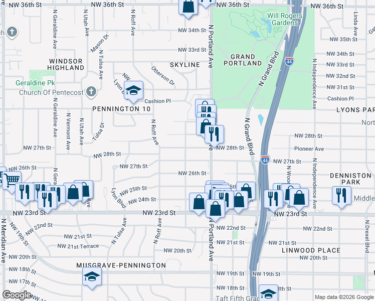 map of restaurants, bars, coffee shops, grocery stores, and more near 2826 North Nesbitt Avenue in Oklahoma City