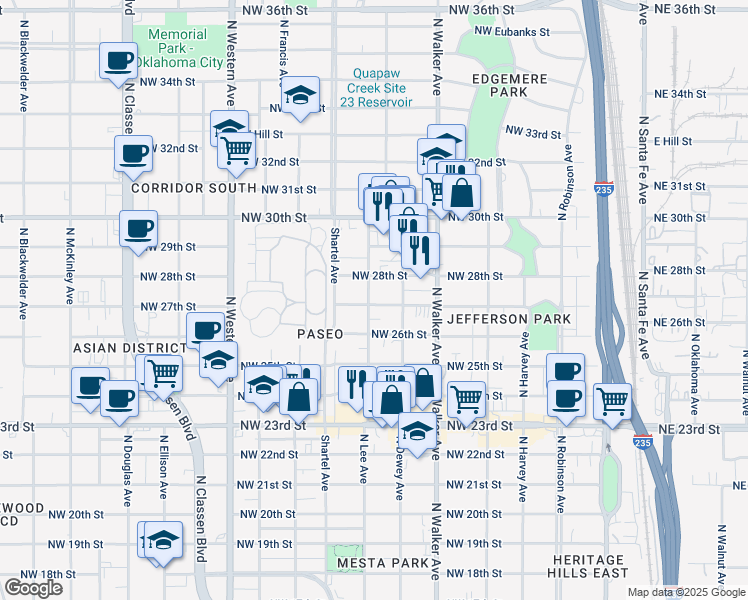 map of restaurants, bars, coffee shops, grocery stores, and more near 627 Northwest 27th Street in Oklahoma City