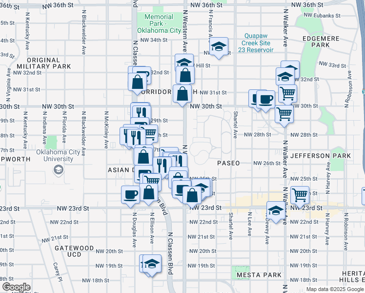 map of restaurants, bars, coffee shops, grocery stores, and more near 1101 Northwest 27th Street in Oklahoma City