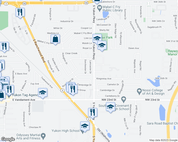 map of restaurants, bars, coffee shops, grocery stores, and more near 820 Lancaster Drive in Yukon