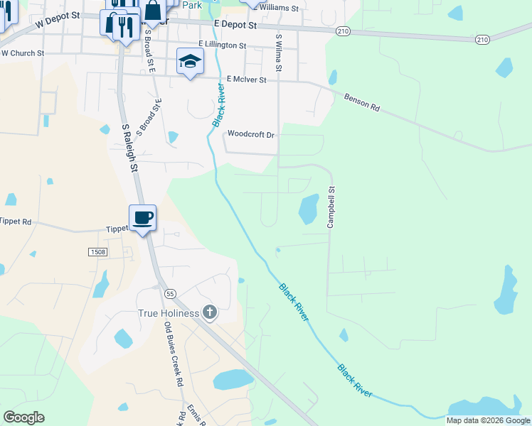 map of restaurants, bars, coffee shops, grocery stores, and more near 770 South Wilma Street in Angier