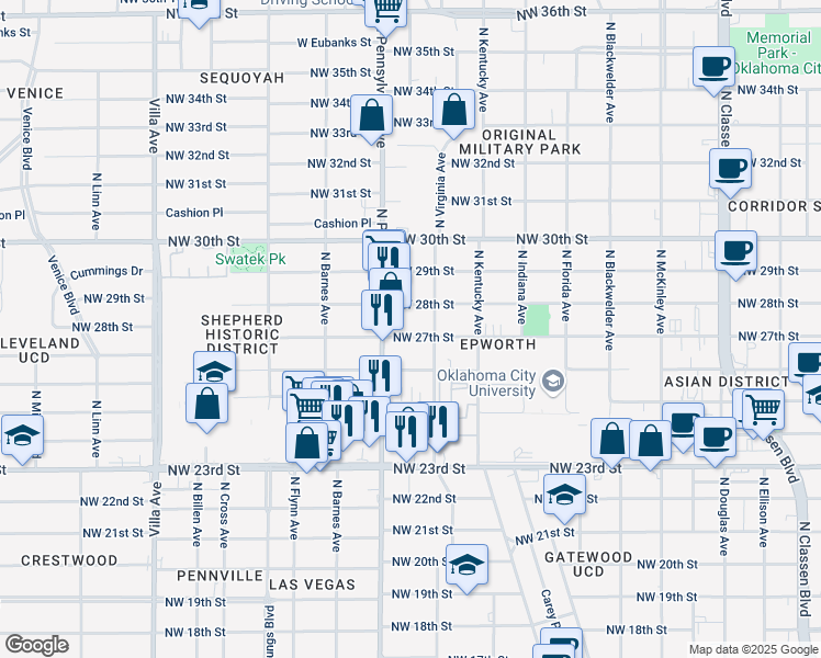 map of restaurants, bars, coffee shops, grocery stores, and more near 2019 Northwest 27th Street in Oklahoma City