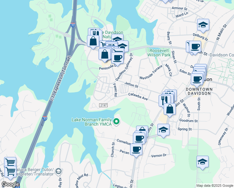 map of restaurants, bars, coffee shops, grocery stores, and more near 249 Faust Road in Davidson