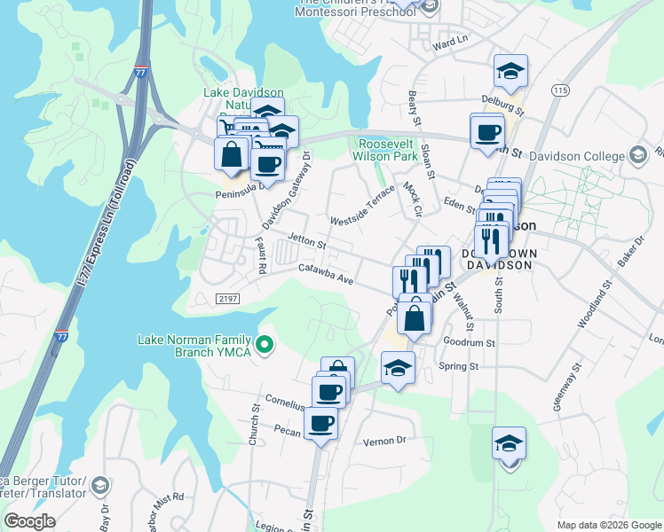 map of restaurants, bars, coffee shops, grocery stores, and more near in Davidson
