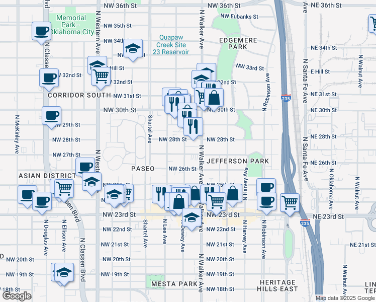 map of restaurants, bars, coffee shops, grocery stores, and more near 525 Northwest 27th Street in Oklahoma City