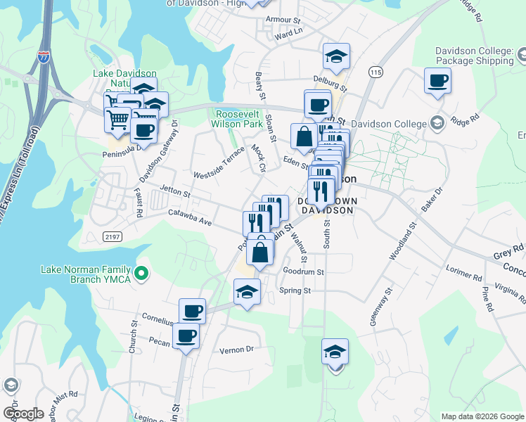 map of restaurants, bars, coffee shops, grocery stores, and more near 302 Potts Street in Davidson
