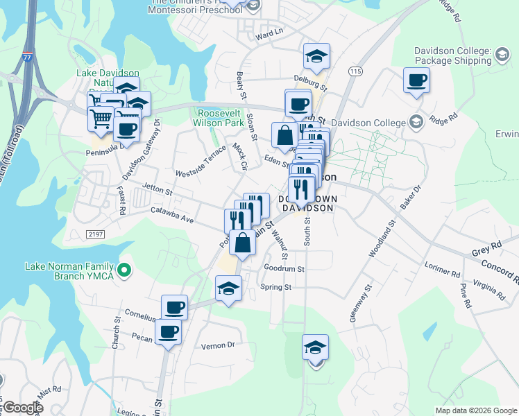 map of restaurants, bars, coffee shops, grocery stores, and more near 252 South Main Street in Davidson