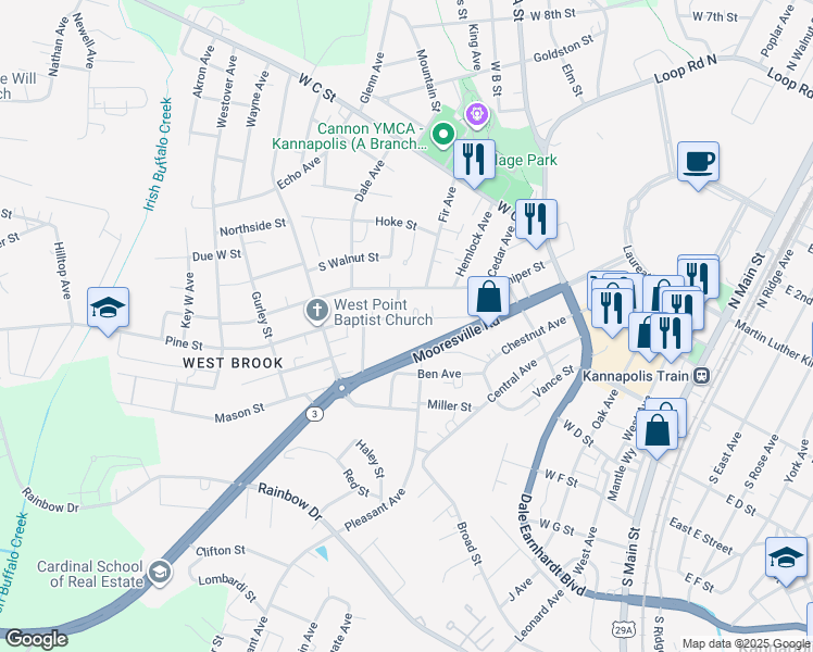 map of restaurants, bars, coffee shops, grocery stores, and more near 735 Pine Street in Kannapolis