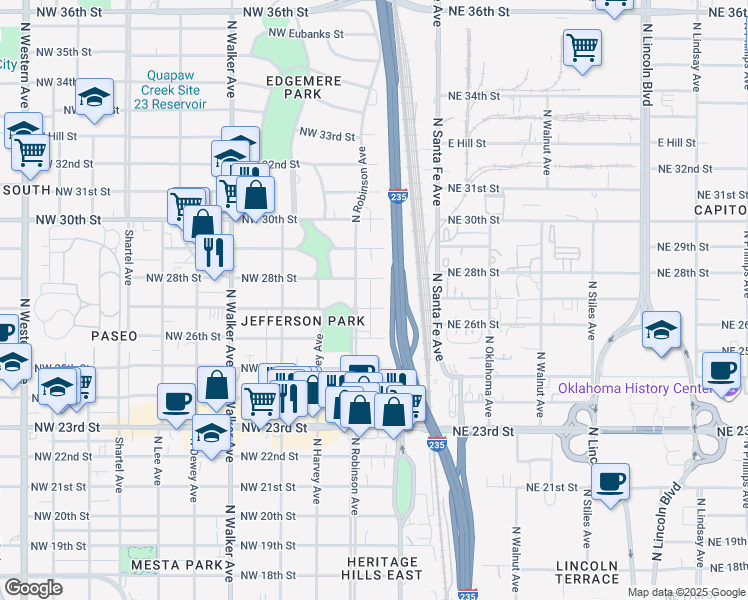 map of restaurants, bars, coffee shops, grocery stores, and more near 125 Northwest 27th Street in Oklahoma City