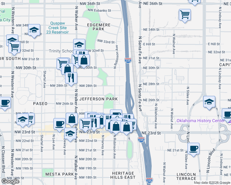 map of restaurants, bars, coffee shops, grocery stores, and more near 125 Northwest 27th Street in Oklahoma City