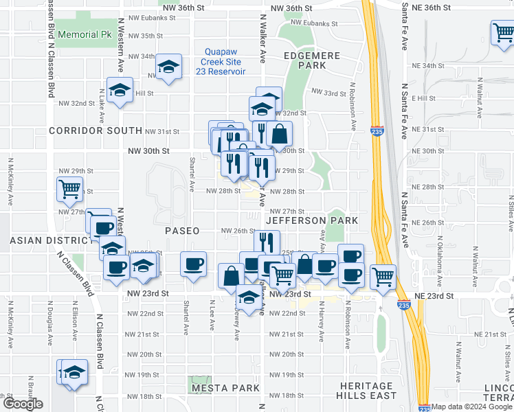 map of restaurants, bars, coffee shops, grocery stores, and more near 2801 North Walker Avenue in Oklahoma City