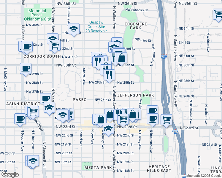 map of restaurants, bars, coffee shops, grocery stores, and more near 2801 North Walker Avenue in Oklahoma City