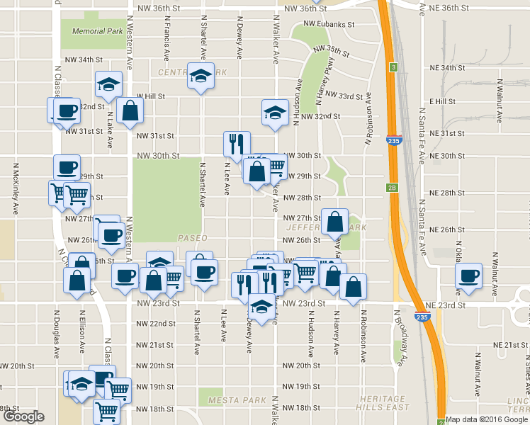 map of restaurants, bars, coffee shops, grocery stores, and more near 2801 North Walker Avenue in Oklahoma City