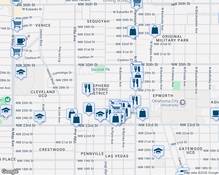 map of restaurants, bars, coffee shops, grocery stores, and more near 2221 Northwest 27th Street in Oklahoma City