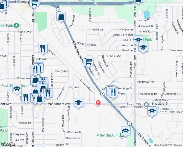 map of restaurants, bars, coffee shops, grocery stores, and more near in Yukon