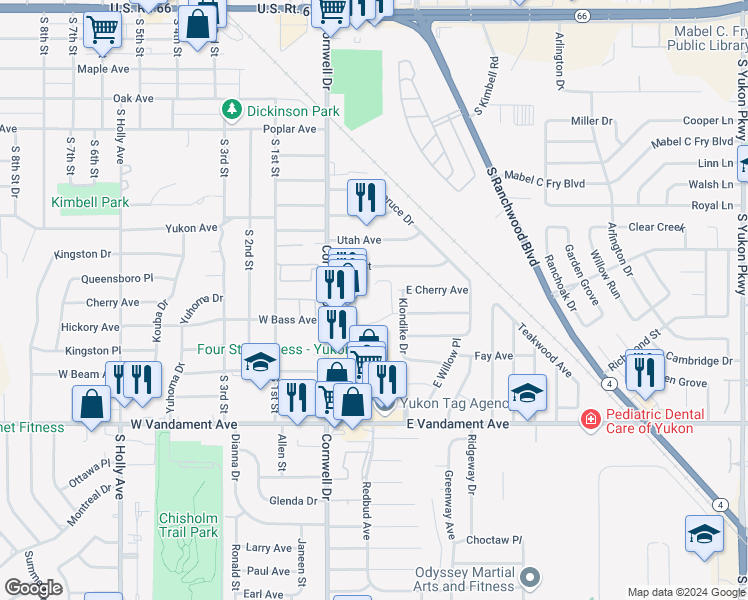 map of restaurants, bars, coffee shops, grocery stores, and more near 123 East Bass Avenue in Yukon