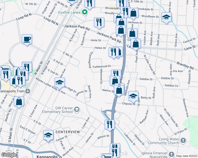 map of restaurants, bars, coffee shops, grocery stores, and more near 213 Idlewood Drive in Kannapolis