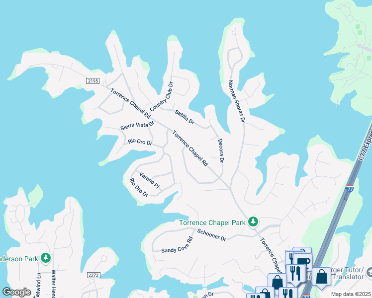 map of restaurants, bars, coffee shops, grocery stores, and more near 21907 Torrence Chapel Road in Cornelius