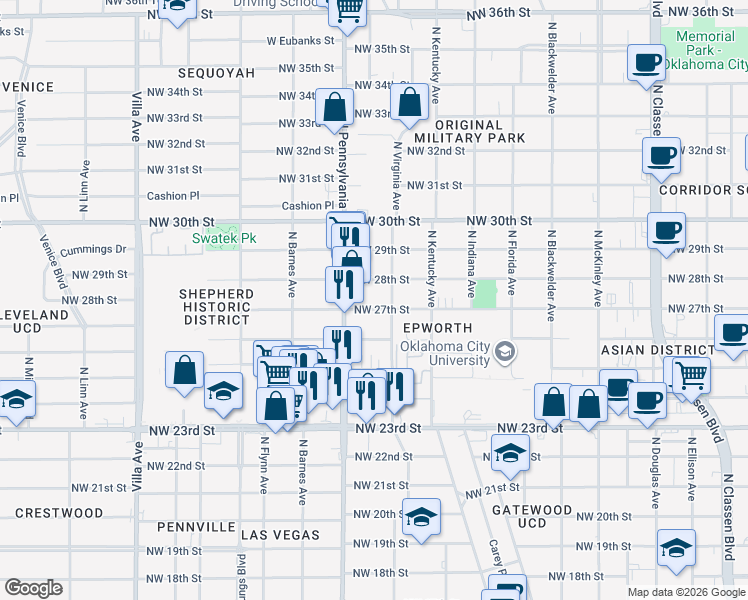 map of restaurants, bars, coffee shops, grocery stores, and more near 2015 Northwest 27th Street in Oklahoma City