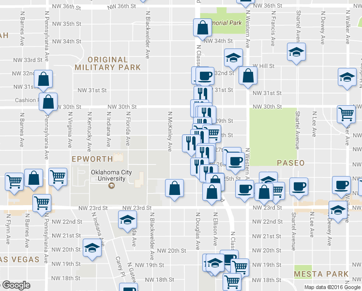 map of restaurants, bars, coffee shops, grocery stores, and more near 1429 Northwest 27th Street in Oklahoma City