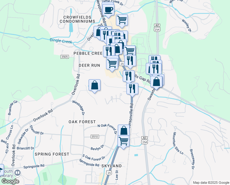 map of restaurants, bars, coffee shops, grocery stores, and more near 7 Walden Ridge Drive in Asheville