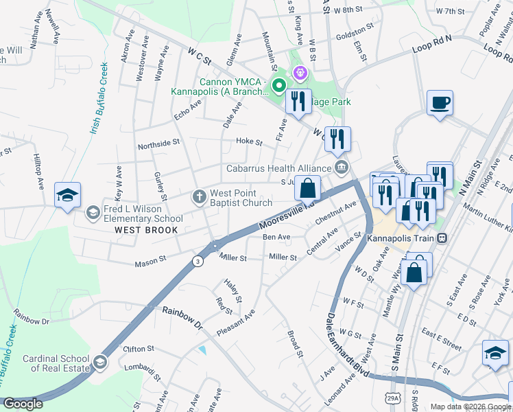 map of restaurants, bars, coffee shops, grocery stores, and more near 735 Pine Street in Kannapolis
