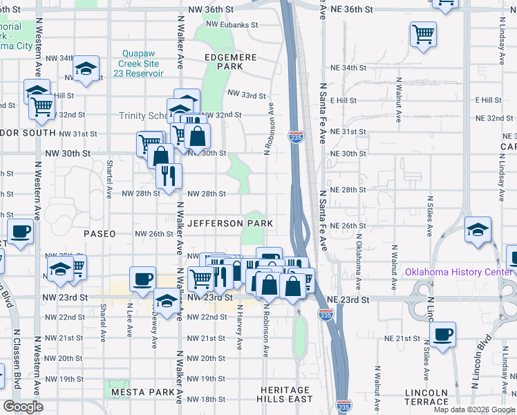 map of restaurants, bars, coffee shops, grocery stores, and more near 221 Northwest 27th Street in Oklahoma City