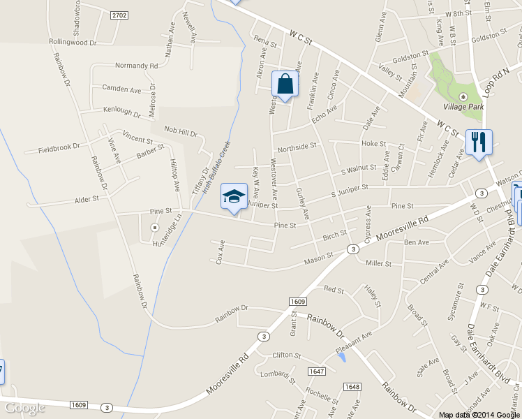 map of restaurants, bars, coffee shops, grocery stores, and more near 1303 South Juniper Street in Kannapolis