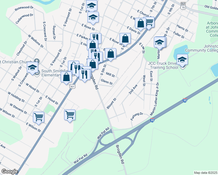 map of restaurants, bars, coffee shops, grocery stores, and more near Crump Street in Smithfield