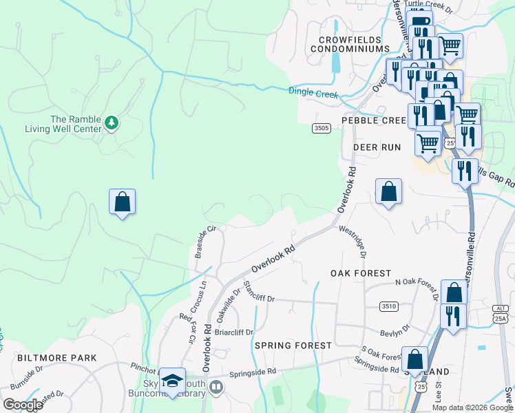 map of restaurants, bars, coffee shops, grocery stores, and more near 310 South Braeside Court in Asheville