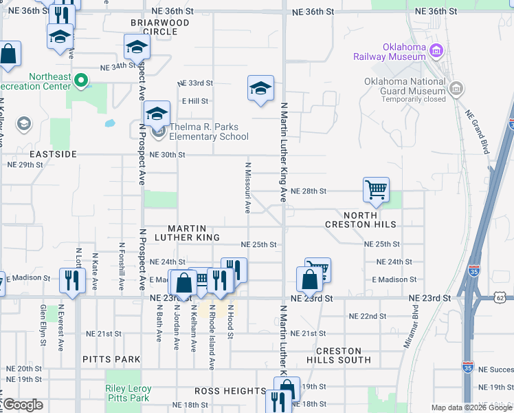 map of restaurants, bars, coffee shops, grocery stores, and more near 2715 North Missouri Avenue in Oklahoma City