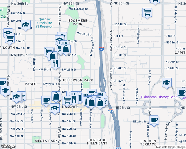 map of restaurants, bars, coffee shops, grocery stores, and more near 125 Northwest 27th Street in Oklahoma City