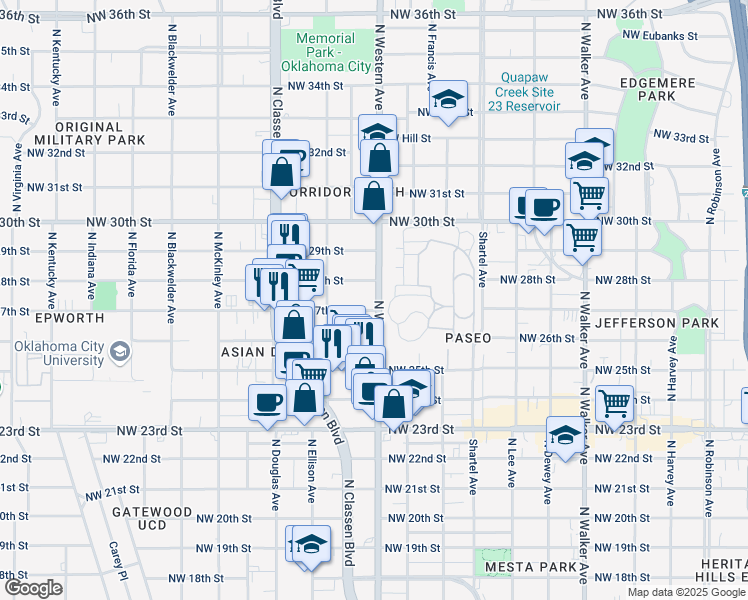 map of restaurants, bars, coffee shops, grocery stores, and more near 1101 Northwest 27th Street in Oklahoma City