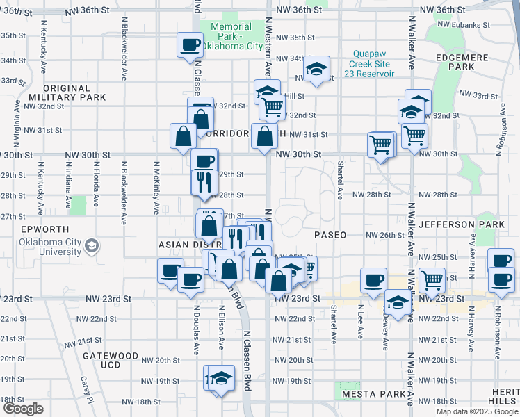map of restaurants, bars, coffee shops, grocery stores, and more near in Oklahoma City