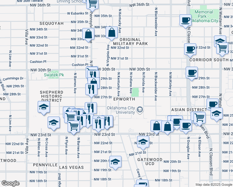 map of restaurants, bars, coffee shops, grocery stores, and more near 1829 Northwest 27th Street in Oklahoma City