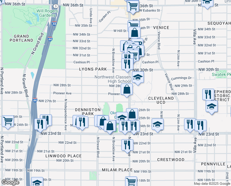 map of restaurants, bars, coffee shops, grocery stores, and more near 2940 Pioneer Avenue in Oklahoma City