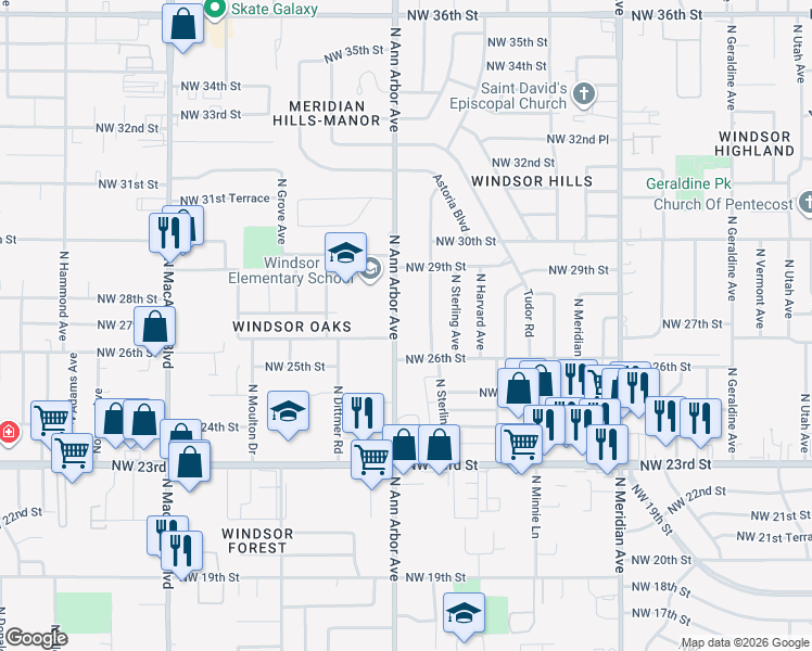 map of restaurants, bars, coffee shops, grocery stores, and more near 2720 North Ann Arbor Avenue in Oklahoma City
