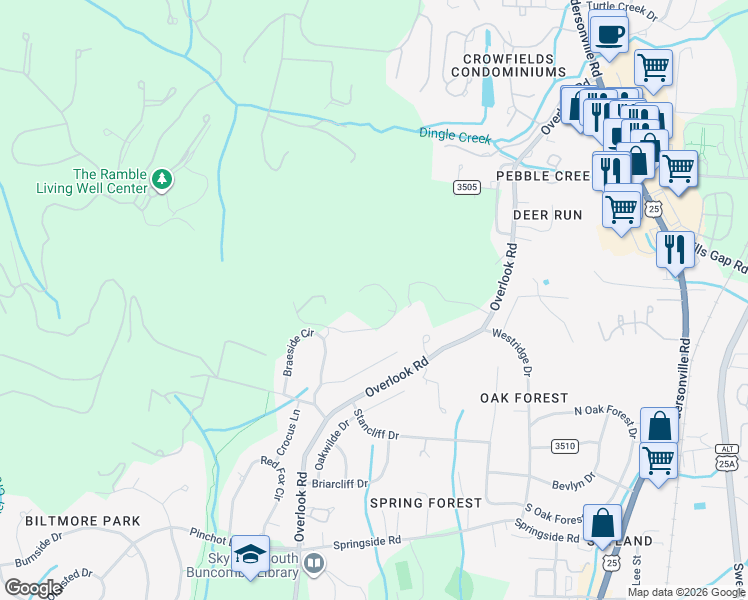 map of restaurants, bars, coffee shops, grocery stores, and more near 310 South Braeside Court in Asheville
