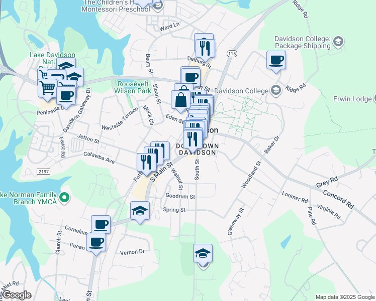 map of restaurants, bars, coffee shops, grocery stores, and more near 216s South Main Street in Davidson