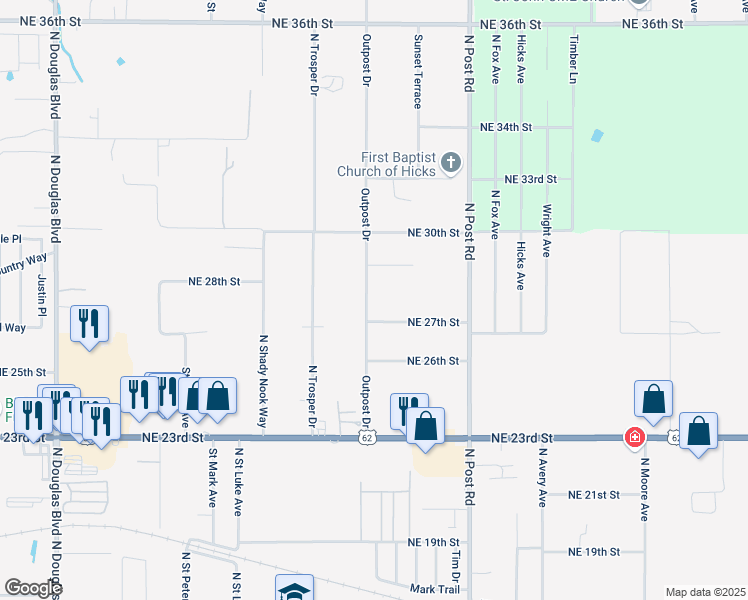 map of restaurants, bars, coffee shops, grocery stores, and more near 2810 Outpost Drive in Oklahoma City
