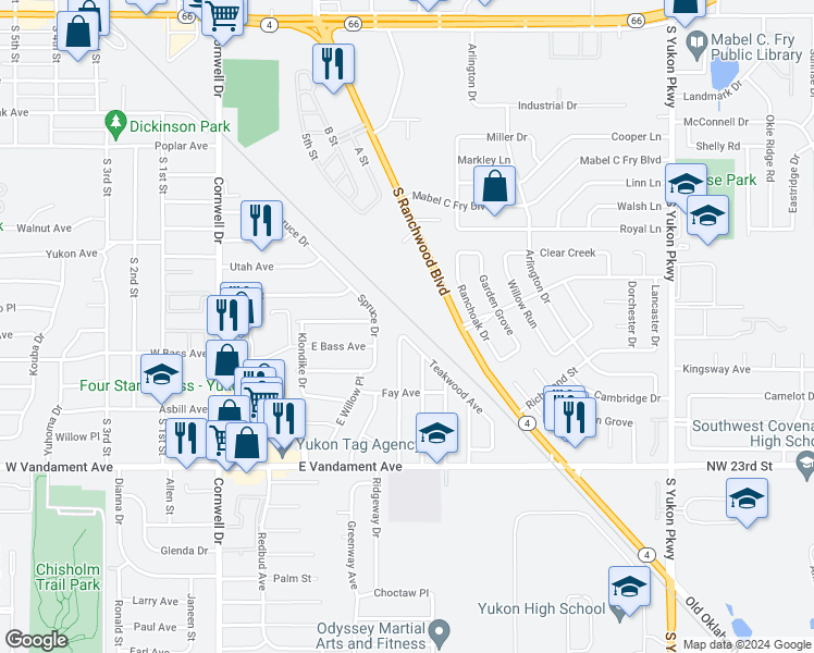 map of restaurants, bars, coffee shops, grocery stores, and more near 403 Teakwood Avenue in Yukon