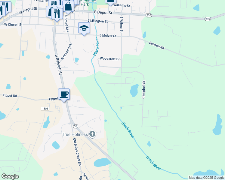 map of restaurants, bars, coffee shops, grocery stores, and more near 775 South Wilma Street in Angier