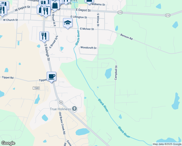 map of restaurants, bars, coffee shops, grocery stores, and more near 775 South Wilma Street in Angier