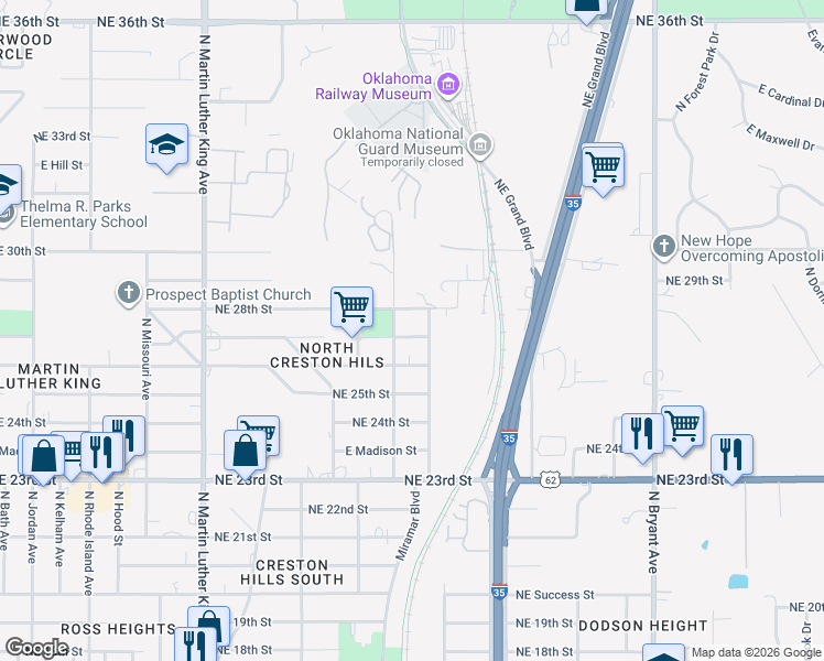 map of restaurants, bars, coffee shops, grocery stores, and more near 2412 Northeast 27th Street in Oklahoma City