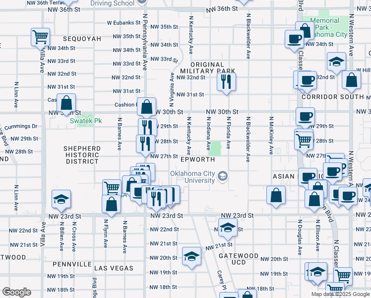map of restaurants, bars, coffee shops, grocery stores, and more near 1829 Northwest 27th Street in Oklahoma City