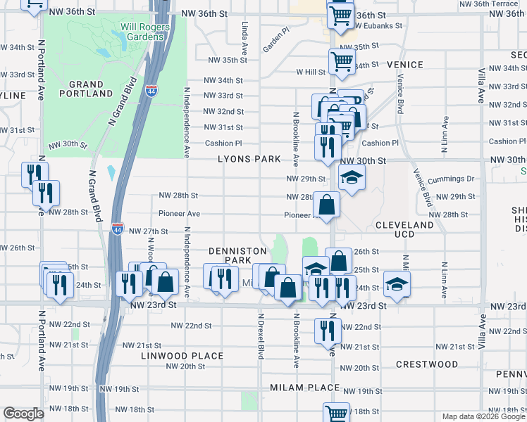map of restaurants, bars, coffee shops, grocery stores, and more near 3104 Pioneer Avenue in Oklahoma City