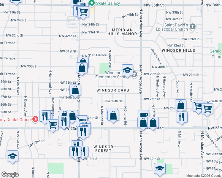 map of restaurants, bars, coffee shops, grocery stores, and more near 5025 Northwest 26th Street in Oklahoma City