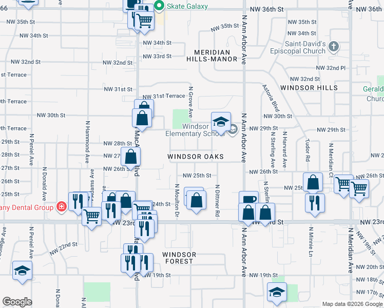 map of restaurants, bars, coffee shops, grocery stores, and more near 5025 Northwest 26th Street in Oklahoma City